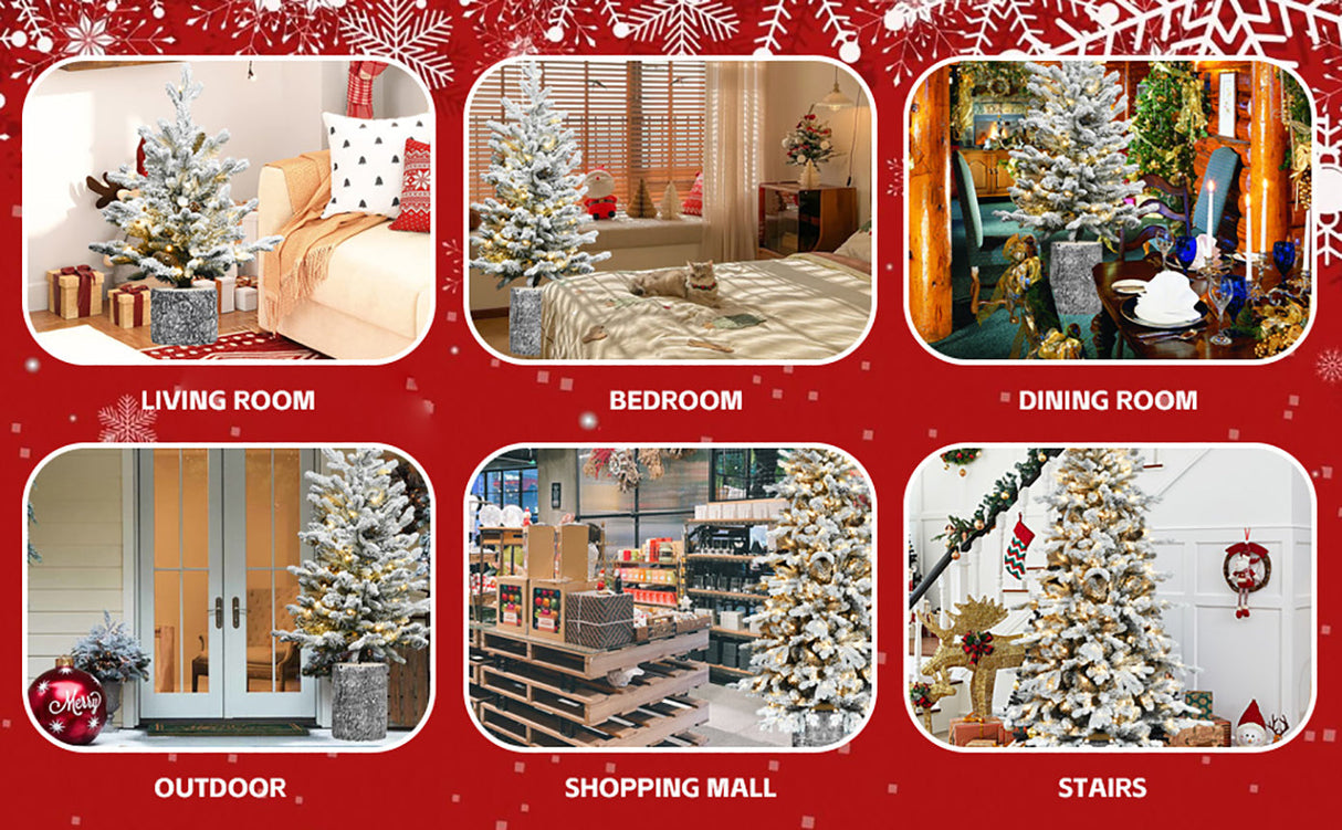 4.5FT Flocked Christmas Tree with Pot Base and LED Lights