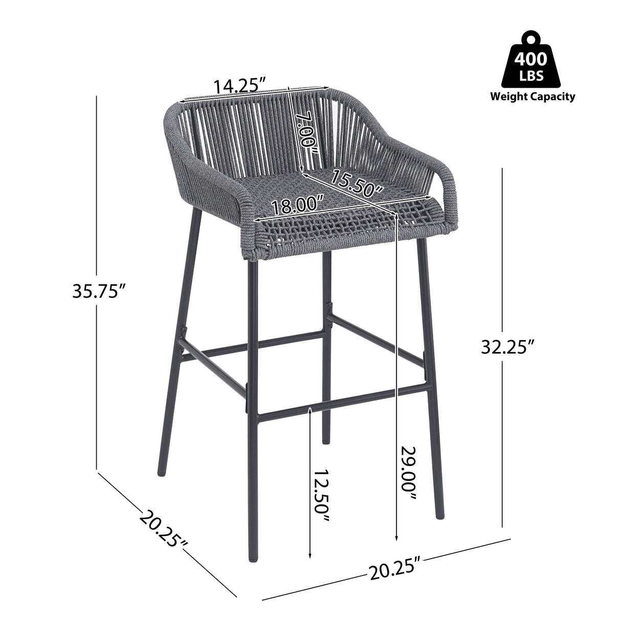 La Push Outdoor Patio Dark Gray Rope Barstool (Set of 2)