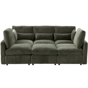 Modern Modular U-Shaped Sofa Bed With Movable Ottoman, USB Ports, Phone Holder