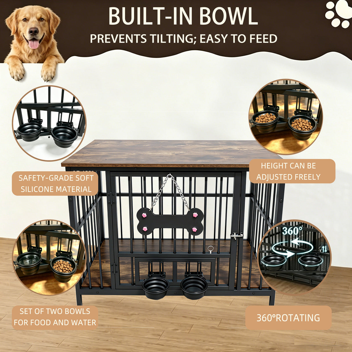 Vintage Wood Grain Dog Cage with Rotating Bowl
