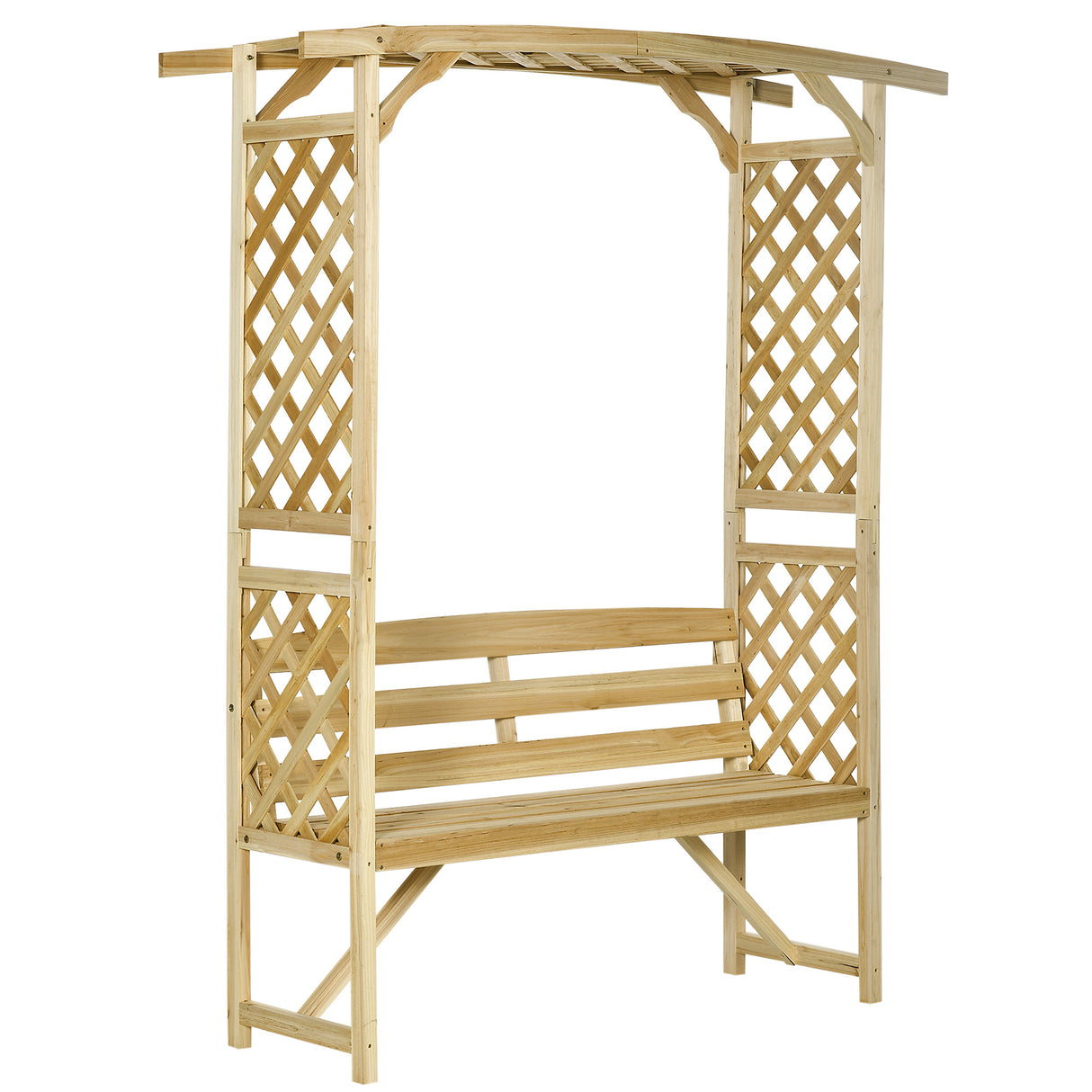 Garden bench arbor arch with pergola and 2 trellises, 3 seat natural wooden outdoor bench, natural