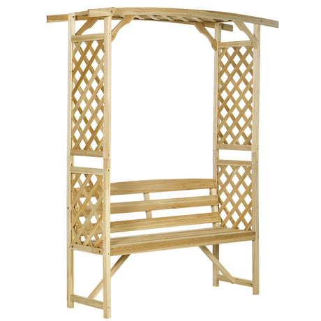Garden bench arbor arch with pergola and 2 trellises, 3 seat natural wooden outdoor bench, natural