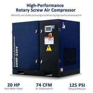 20HP Rotary Screw Air Compressor with 74 CFM Output - Dark Blue