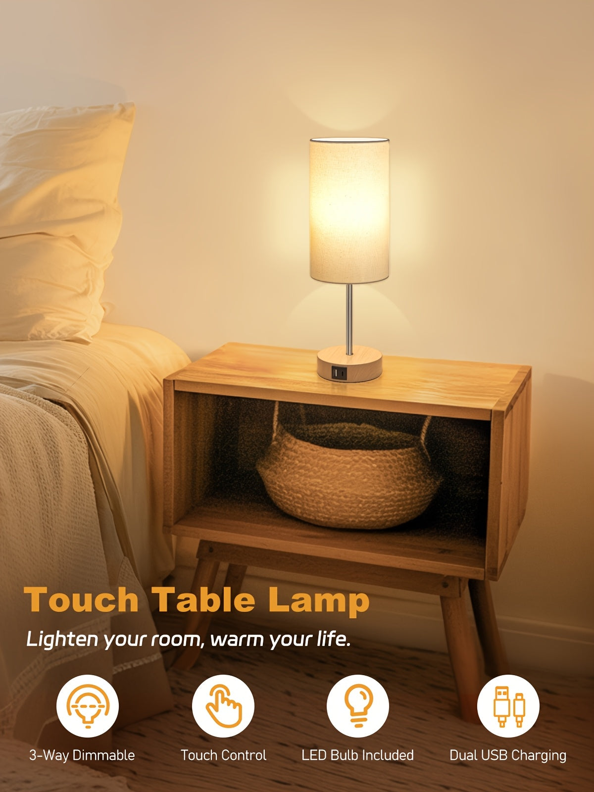 2-Pack Touch Control USB Table Lamps – 3-Way Dimmable LED Bedside Light Set