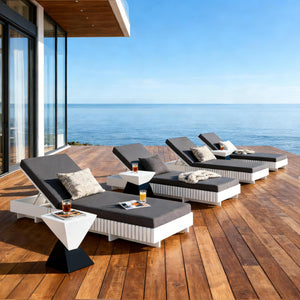 White Acacia Solid Wood Outdoor Chaise Lounge with Dark Grey Cushion