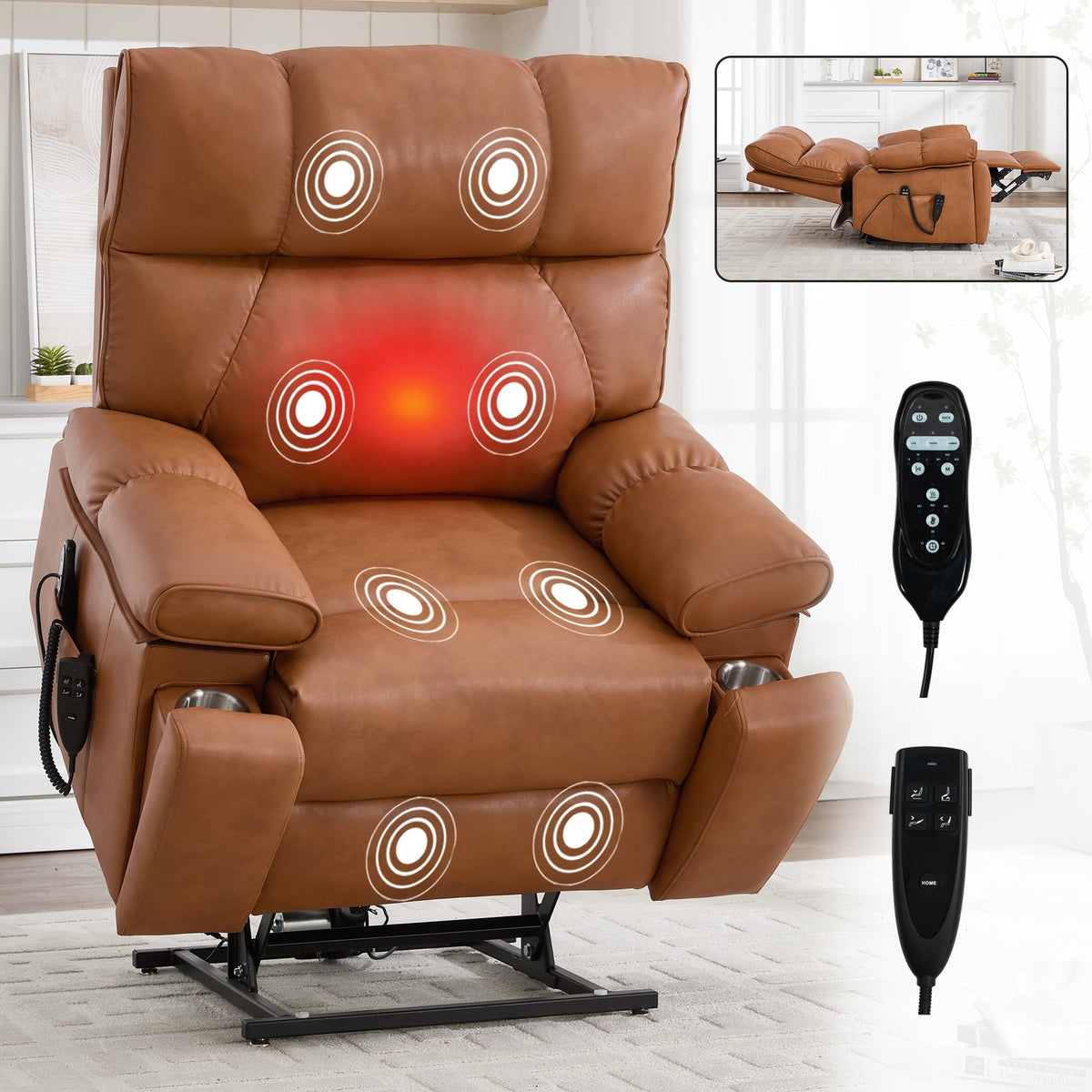Orange Leatheraire Heat Massage Dual Motor Lift Recliner - Orange