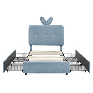 Twin Size Kids Upholstered Bed with Oversized Rabbit Ear Headboard, LED Light & 4 Storage Drawers, Boucle Fabric (79.5''X40.75''X41'')