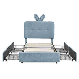 Twin Size Kids Upholstered Bed with Oversized Rabbit Ear Headboard, LED Light & 4 Storage Drawers, Boucle Fabric (79.5''X40.75''X41'')