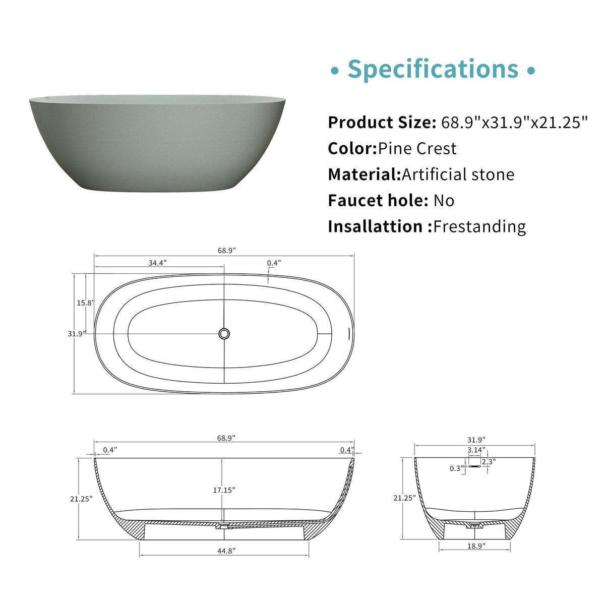 69'' Freestanding Bathtub Resin Stone Soaking Bathtub with Modern Design - White