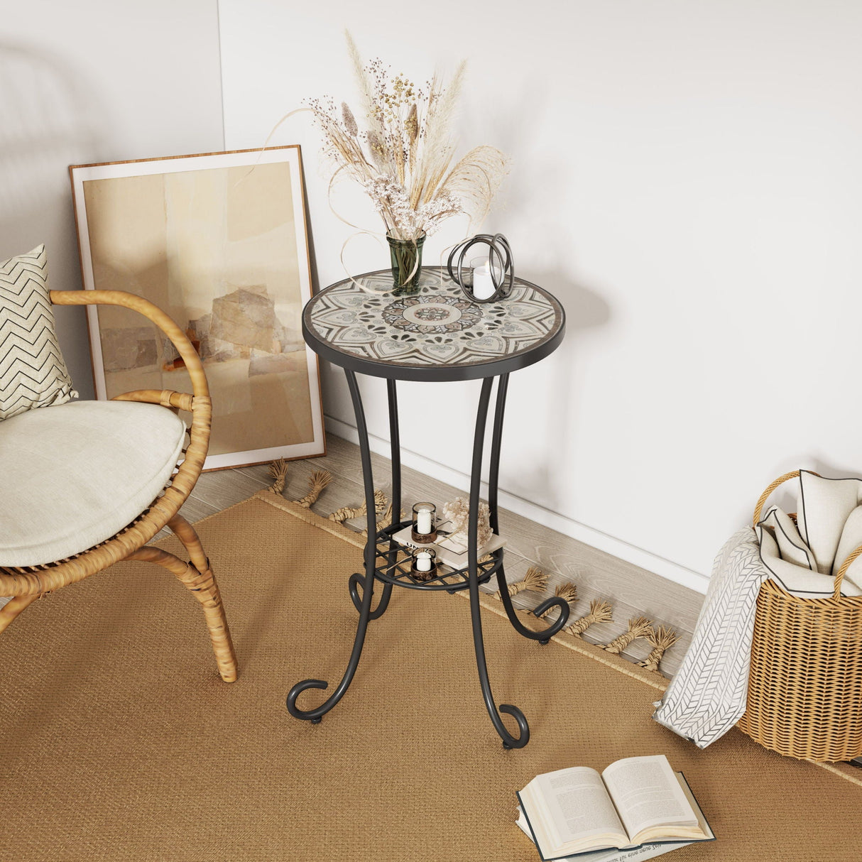 Ceramic Tile and Iron Patio Side Table with Shelf