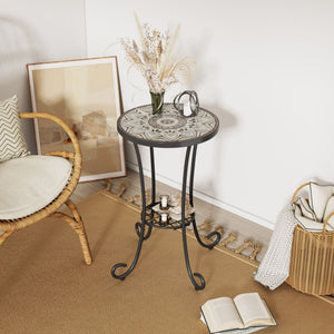 Ceramic Tile and Iron Patio Side Table with Shelf