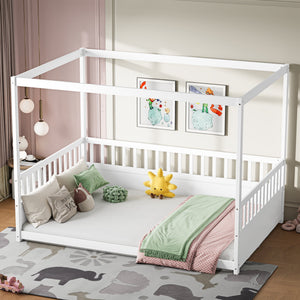 Full Size Canopy Bed Frame with Guardrails for Kids