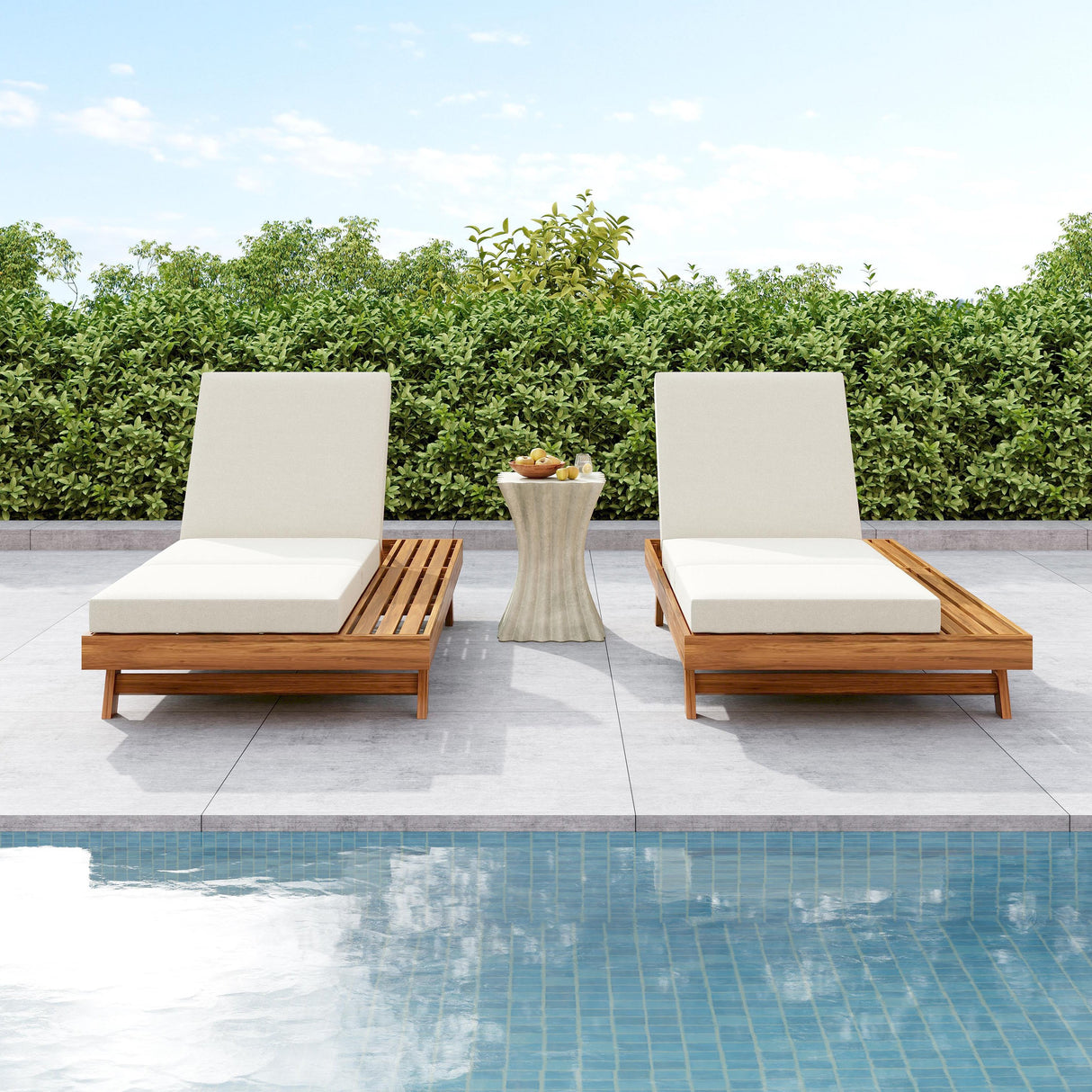 Lounge Chaise Set with Acacia Solid Wood and Cream Cushion