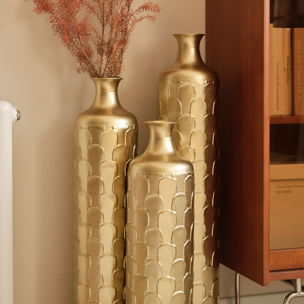 Floor Metal Vases Decorated White Metal Vases (Set of 3) Gorgeous Home Decoration Large Glazed Metal Vases - Golden