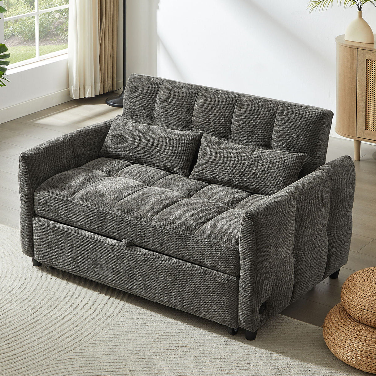 Loveseat Sofa Pull-Out Bed With Adjustable Backrest, 3 USB Ports And 2 Lumbar Pillows For Living Room