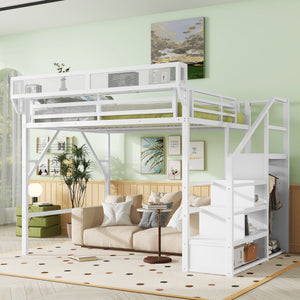 Queen Size Loft Bed with Stairs, Metal Queen Loft Bed with Storage Shelves