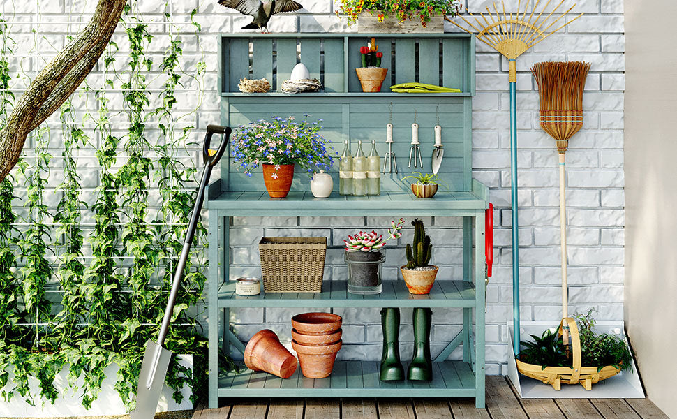 TOPMAX 65' Large Wooden Farmhouse Rustic Outdoor Potting Bench Table