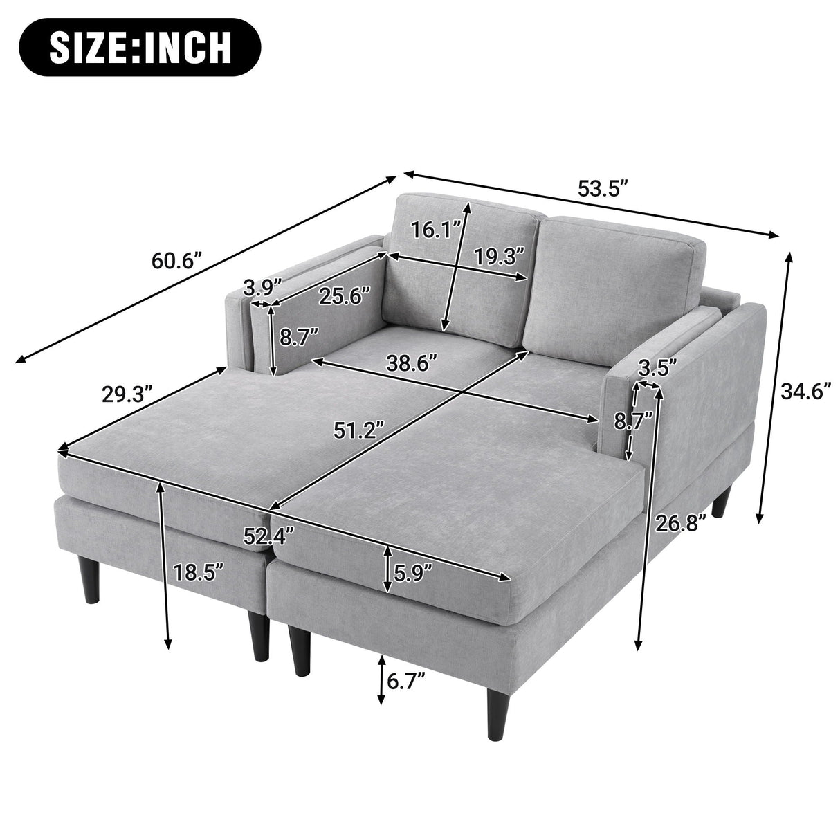 Chaise Lounge Sofa Bed With Dual Layer Armrests for Living Room