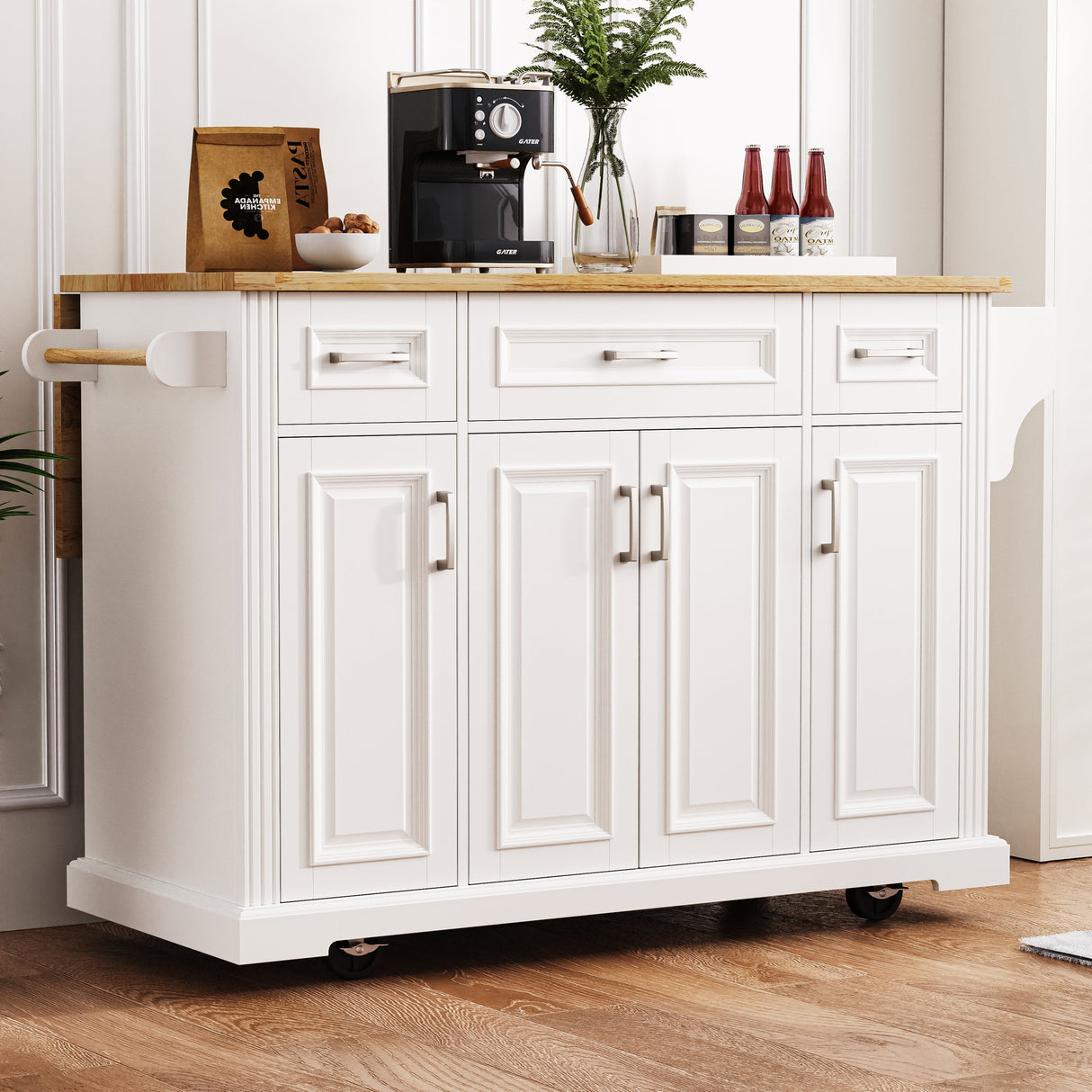 K&K 54-Inch Large Kitchen Island with Rubber Wood Drop Leaf