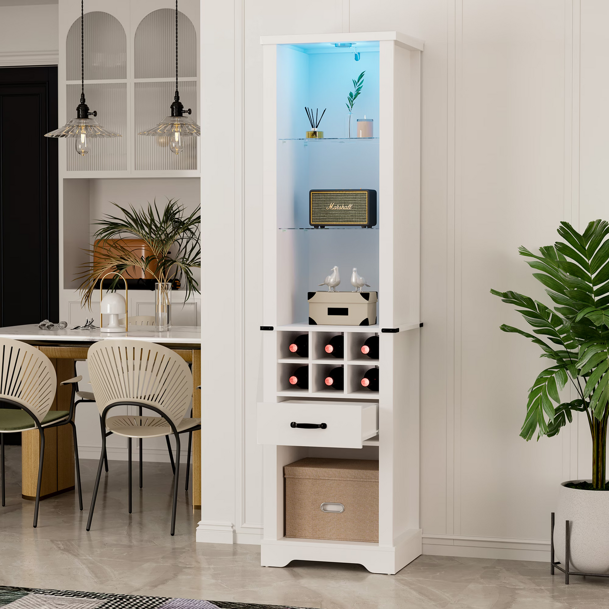 75'' Tall Storage Cabinet with LED Light, Farmhouse Style
