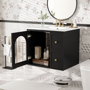 Wall-Mounted Bathroom Vanity Set with Ceramic Sink and Soft-Close Drawers - Black, Beige, or White