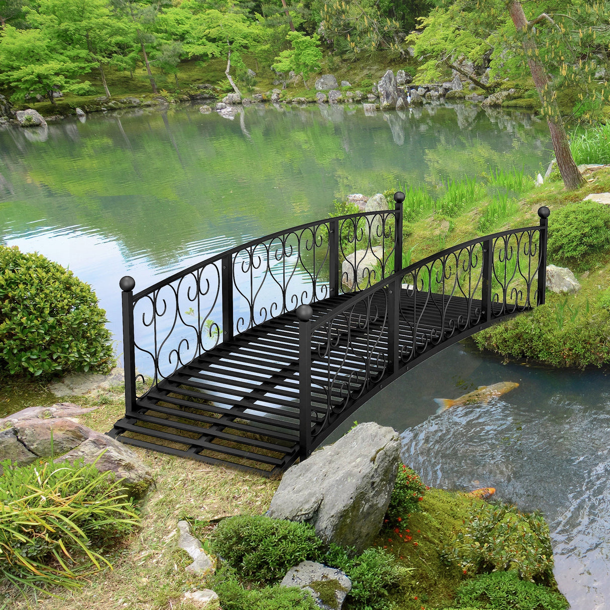 Outsunny 7' Metal Arch Garden Bridge with Safety Siderails, Decorative Arc Footbridge with Delicate Scrollwork 'S' Motifs for Backyard Creek, Stream, Fish Pond, Black
