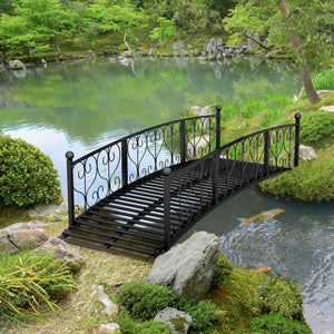 Outsunny 7' Metal Arch Garden Bridge with Safety Siderails, Decorative Arc Footbridge with Delicate Scrollwork 'S' Motifs for Backyard Creek, Stream, Fish Pond, Black