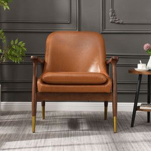Mid-Century Accent Chair With Cushioned Seat, Brass Tipped Legs