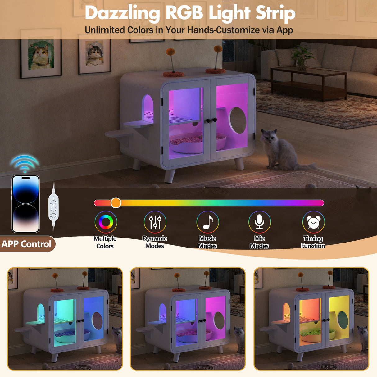 Cat Hidden Litter Box Enclosure with RGB LED Light