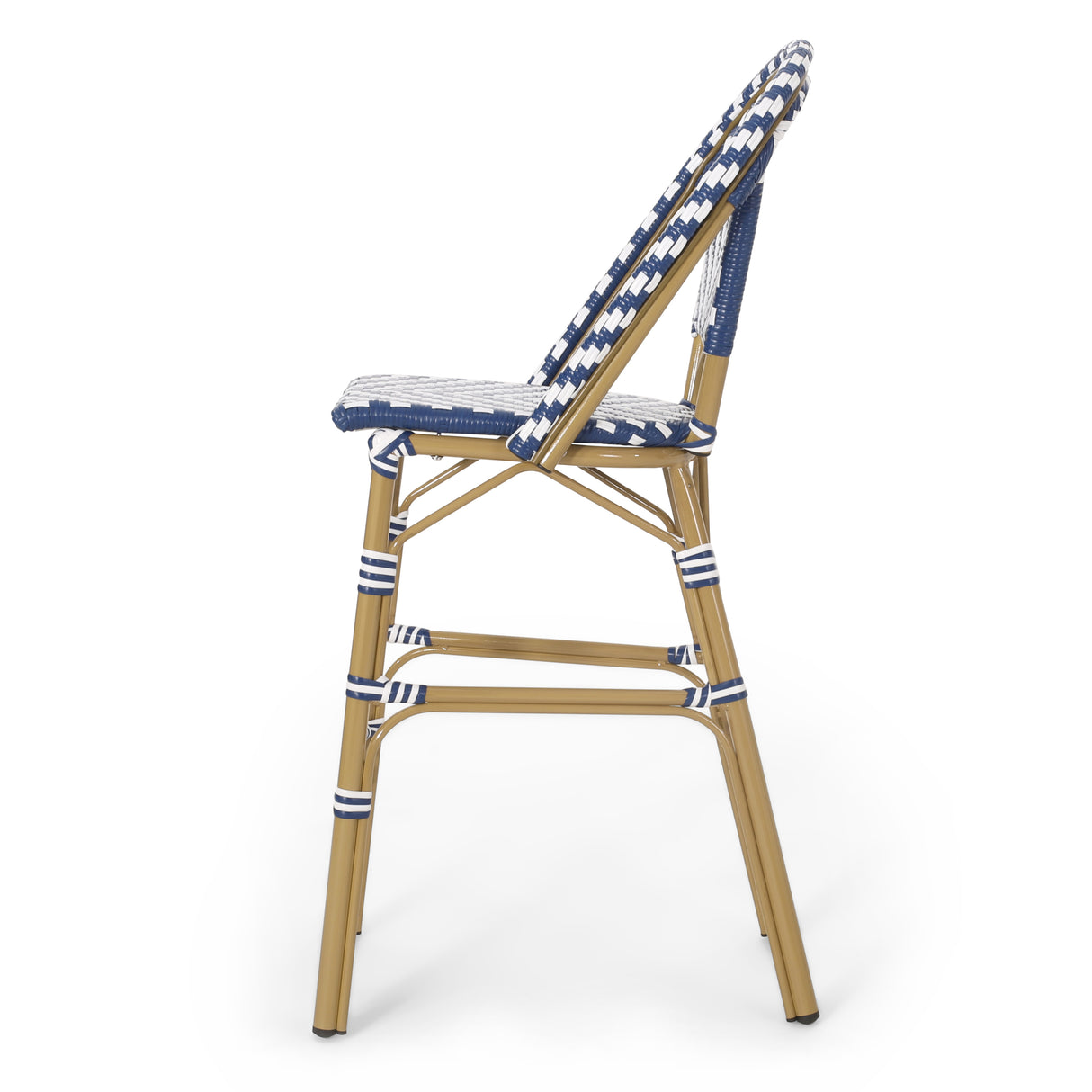 29.5" outdoor pe rattan french barstool, navy blue and white, aluminum frame with bamboo finish (set of 2)