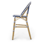 29.5" outdoor pe rattan french barstool, navy blue and white, aluminum frame with bamboo finish (set of 2)