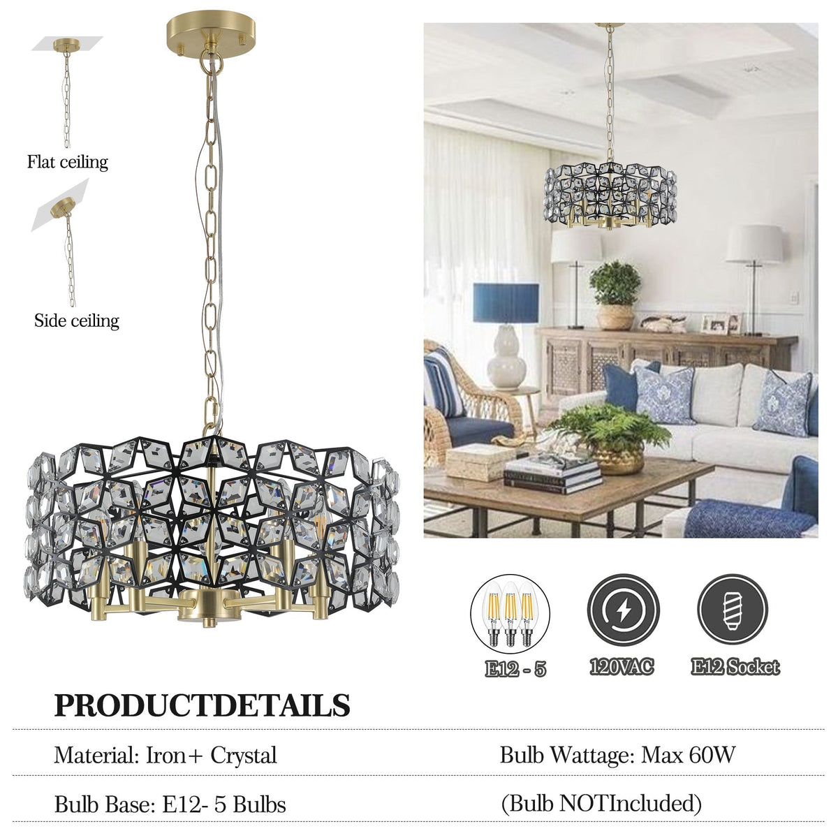 19' Geometric Crystal and BlackGold Round Pendant Chandelier