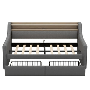 Twin Size Linen Upholstered Daybed with Storage Drawers and LED Lights