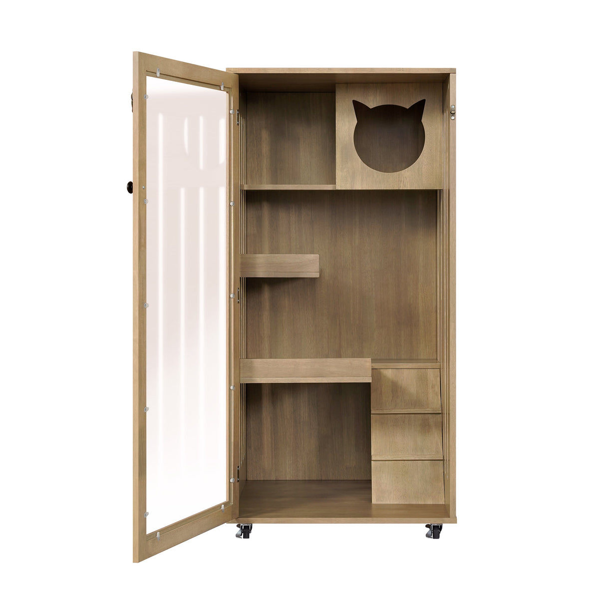 Basia Rubber Wood Cat Cabinet with Wheels