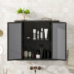 Black Wall-Mounted Bathroom Cabinet with Mirror, 2 Mirrored Doors & Open Shelf