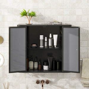 Black Wall-Mounted Bathroom Cabinet with Mirror, 2 Mirrored Doors & Open Shelf