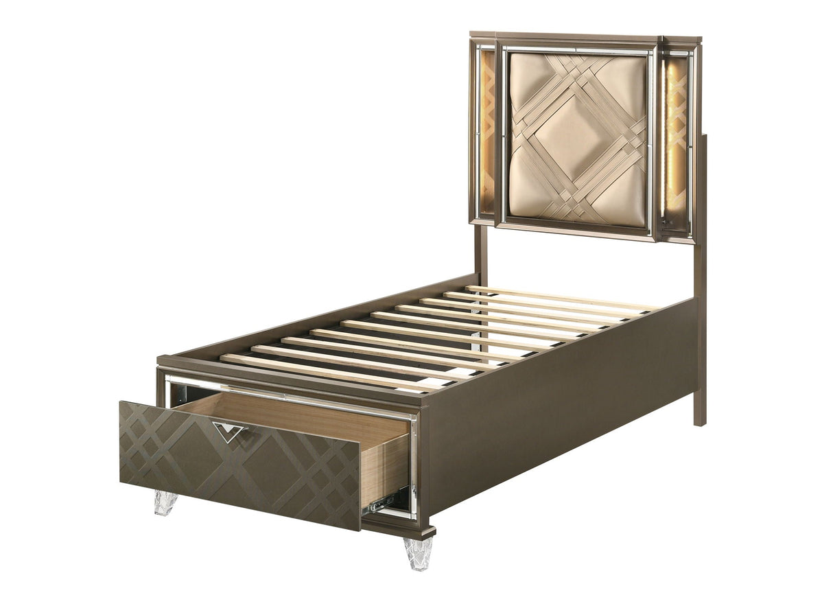 Skylar Full Bed With LED & Storage - Dark Champagne