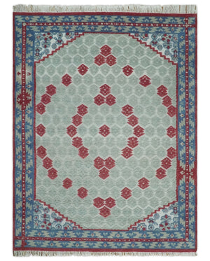 7x10 Hand Knotted Gray, Red and Blue Traditional  Wool Rug