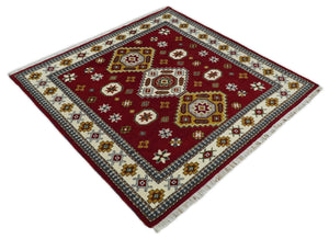 Hand Knotted 7x7 Traditional Kazak Maroon and Ivory Wool Area Rug