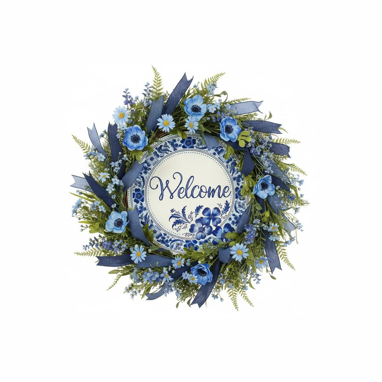 8" Metal Round Sign: Welcome Blue Floral