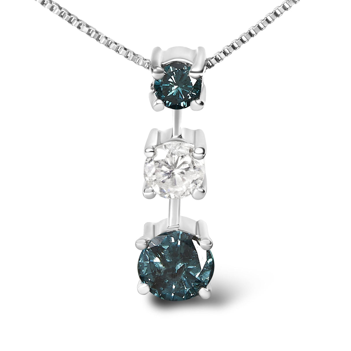14K White Gold 1 1/2 Cttw Treated Blue and White Diamond 3-Stone 18" Pendant Necklace (Blue/H-I Color, I1-I2 Clarity)