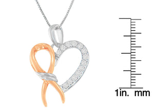 Two-Toned .925 Sterling Silver 1/5 cttw Round Cut Diamond Ribbon Heart Accent Pendant Necklace (H-I, I2-I3)