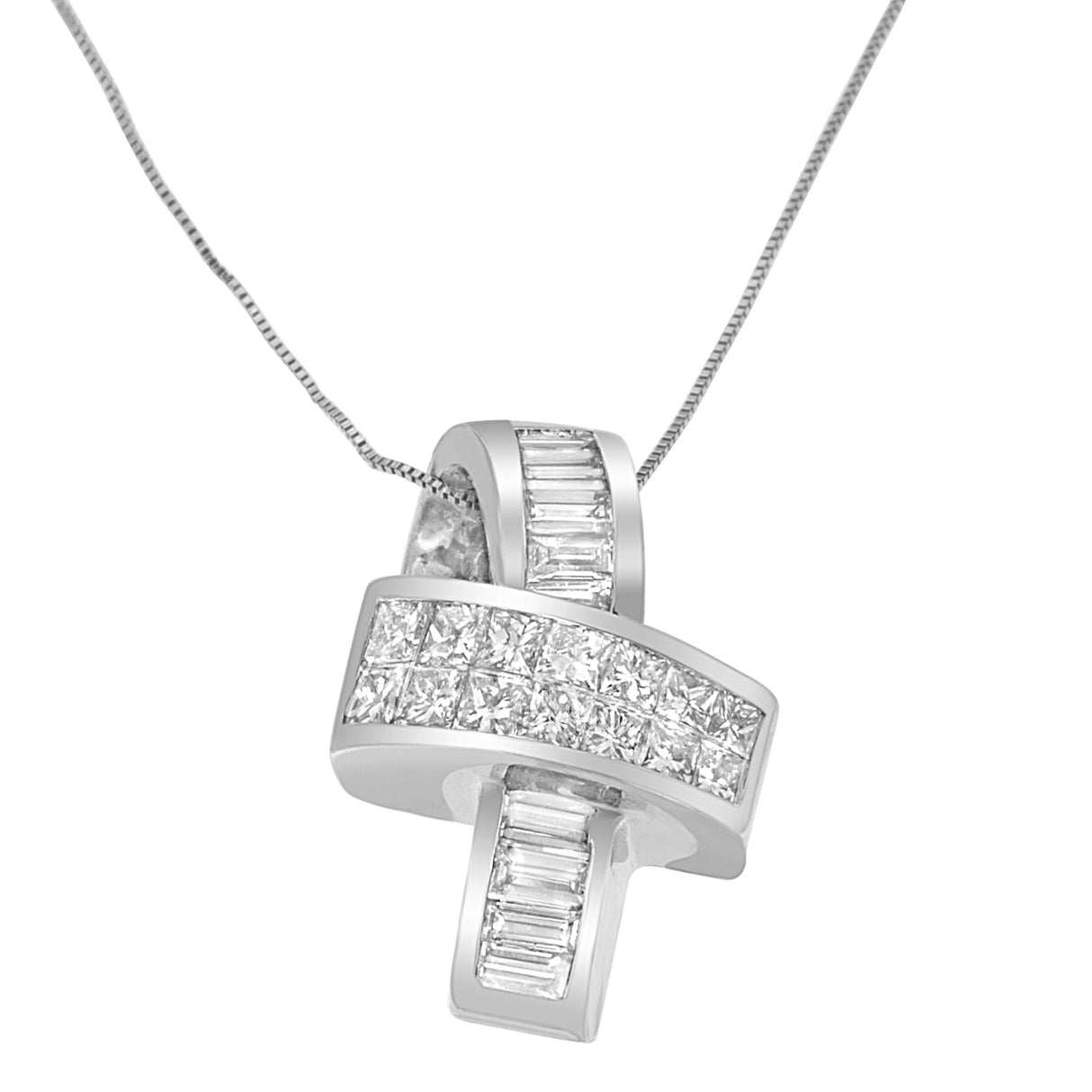 14K White Gold 2 cttw Princess and Baguette Cut Diamond Ribbon Pendant Necklace (H-I, SI-SI2)