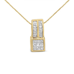 14K Yellow Gold 1 1/4 cttw Princess and Baguette Cut Geometric Inspired Diamond Pendant Necklace (H-I, VS1-VS2)