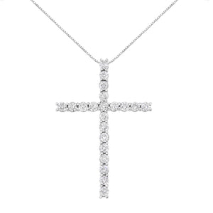 .925 Sterling Silver 4.0 Cttw Diamond 2-1/4" Cross Pendant with Box Chain Necklace (I-J Color, I1-I2 Clarity) - 18"
