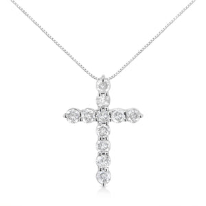 .925 Sterling Silver 1.0 Cttw Prong Set Round-Cut Diamond Cross 18" Pendant Necklace (I-J Color, I2-I3 Clarity)