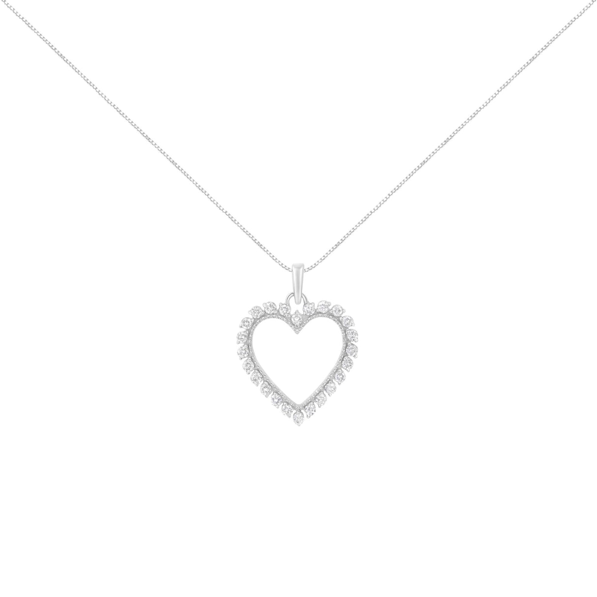 .925 Sterling Silver 1/2 Cttw Prong Set Diamond Encrusted Open Heart 18" Inch Pendant Necklace (I-J Color, I1-I2 Clarity)