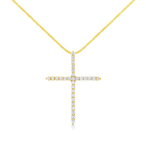 10K Yellow Gold Plated .925 Sterling Silver 3.0 Cttw Prong-Set Round Brilliant Cut Diamond Cross 18" Pendant Necklace (J-K Color, I1-I2 Clarity)