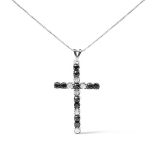 .925 Sterling Silver 1.0 Cttw Black and White Diamond Alternating Classic Cross 18" Pendant Necklace (Black/I-J Color, I3 Clarity)"