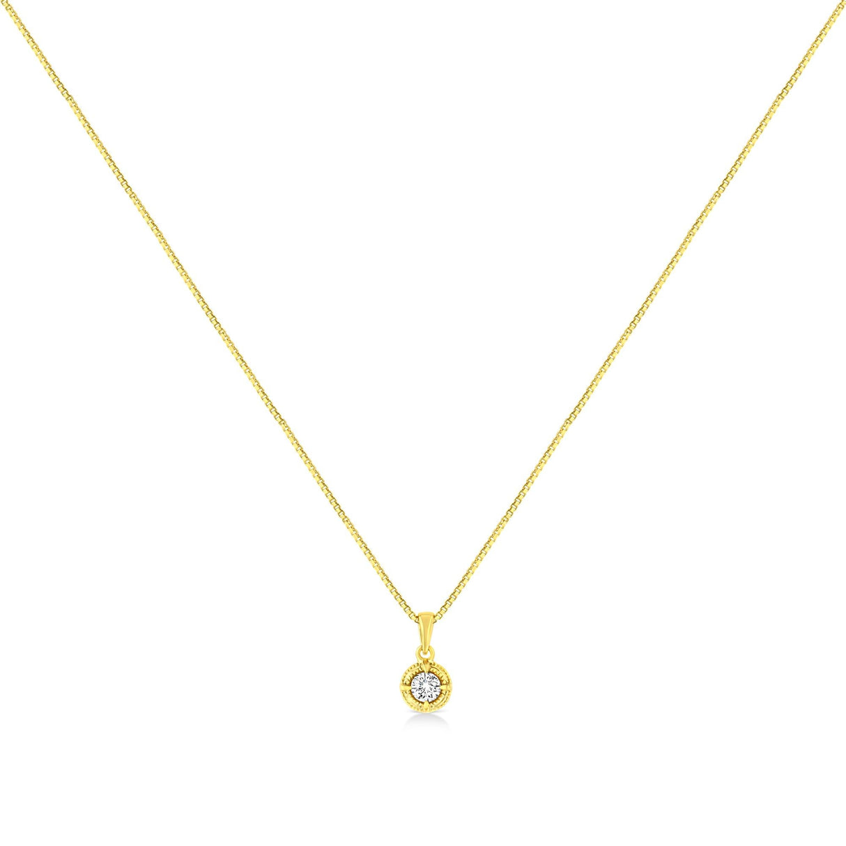 14K Yellow Gold Plated .925 Sterling Silver Brilliant Round Cut Diamond Solitaire Milgrain 18" Pendant Necklace